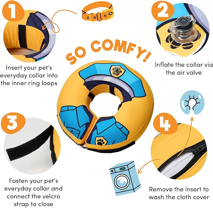 BENCMATE Inflatable Dog Cone Collar Alternative, Soft Dog Cone for Small Medium Large Dogs and Cats, Neck Recovery ECollar Donut Collar After Surgery (Medium+, Police Officer)