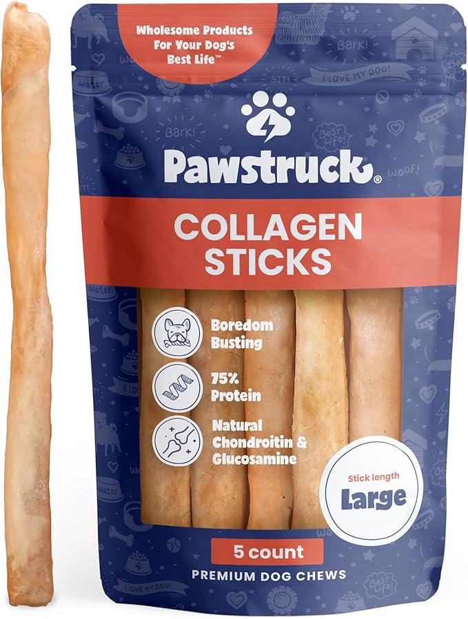 Pawstruck Natural Large 12" Beef Collagen Sticks for Dogs – Long-Lasting Rawhide Alternative, High Protein Treats with Chondroitin & Glucosamine – 5 Pack