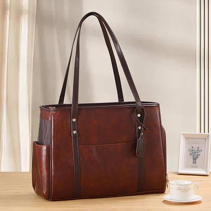 Fashion Dog Carrier Purse, Premium Leather Cat Carrier Bag, Airline Approved Soft Sided Pet Travel Tote Bag with Pockets Coffee