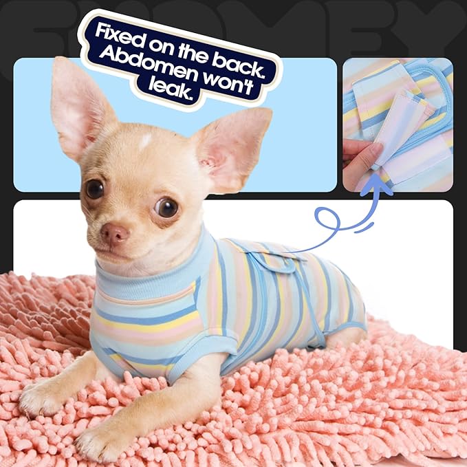 FUAMEY Recovery Suit for Dogs After Surgery,Soft Breathable Dog Bodysuit E-Collar & Cone Alternative Surgical Suit,Male Female Dog Neuter Spay Suits Anti Licking Wounds Onesie Blue Yellow Stripes XS