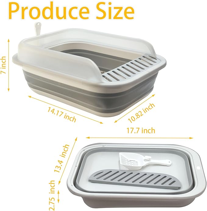 Open Cat Litter Box with High Side, Anti-Splashing Kitty Litter Pan Collapsible Travel Litter Potty Pan Scoop Leak-Proof Pedal Cat Toilet No Smell Easy Clean (M Gray High Side)