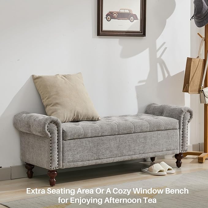 58.1'' Storage Bench Upholstered Chenille End of Bedroom Bed Bench Ottoman with Tufted Cushioned Rolled Arm Large Storage Space for Reading Living Room Entryway, Light Grey