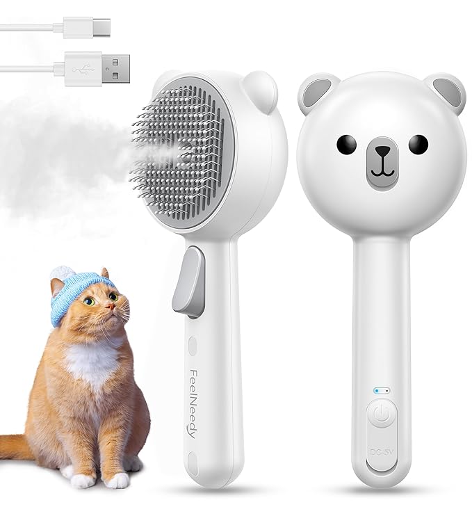 Cat Steam Brush, Brushes for Indoor Cats with Release Button, Dual Speed Spray USB Rechargeable Grooming Supplies, Cat Brush for Shedding Suitable for All Long-haired and Short-haired Pets