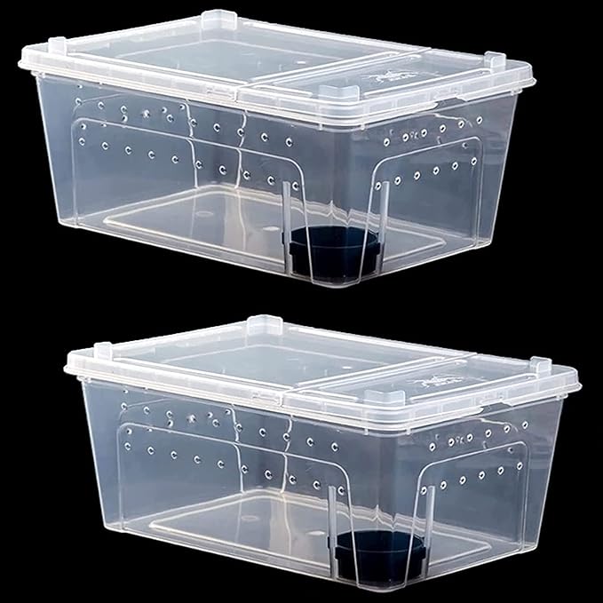 kathson 2PCS Reptile Feeding Box Portable Small Snake Terrarium Habitat Mini Pet Breeding Cage Hatching Container Transparent Gecko Houses for Small Frog Tarantula Spider Scorpion (White)