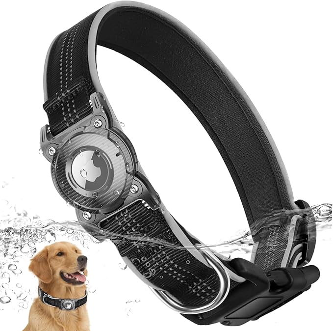 ONEONTA Airtag Dog Collar | Waterproof Airtag Dog Collar Holder with Removable Metal Loop - Airtag Collar Heavy Duty, Reflective, Ultra-Durable, Comfortable Padded, for Small Medium Large Dog, Black M