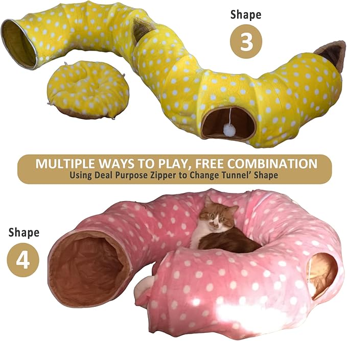 AUOON Cute Cat Donut Tunnel - Round Cat Tunnel Bed with Washable Cushion Interactive Cat Toy for Indoor Cats Kitten Kitty Puppy Rabbit Ferret (Yellow)