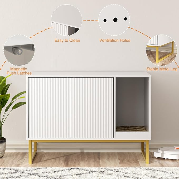 Cat Litter Box Enclosure, Fluted Hidden Litter Box Furniture with Scratch Pad and Metal Legs, Modern Enclosed Cat Cabinet, 31.5 x 17.7 x 21.7 Inches Indoor Pet House for Living Room, Washroom, White