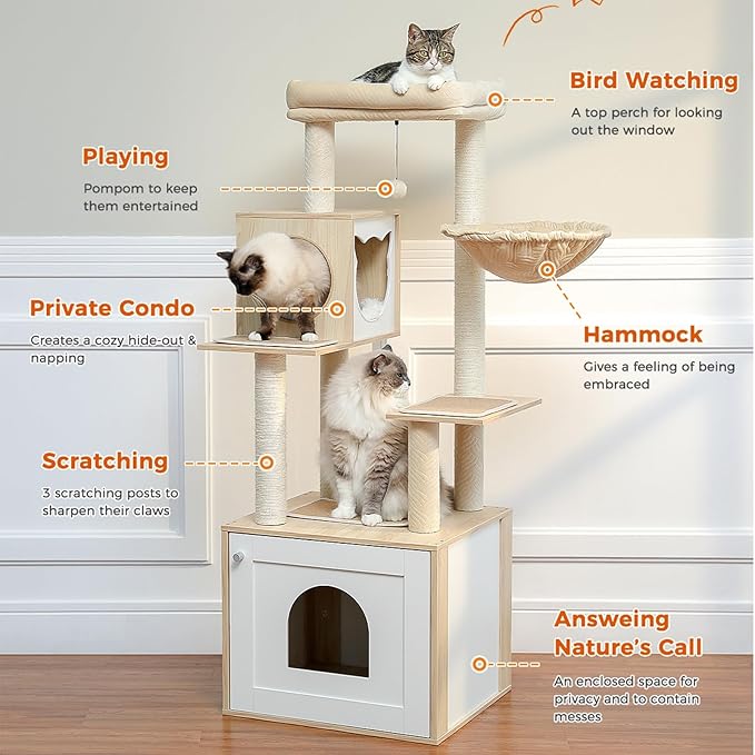 Tall Cat Tree with Litter Box Enclosure 56.7" Wooden Cat Tower for Large Cats with Cat Hammock House Bed (Wood Beige)