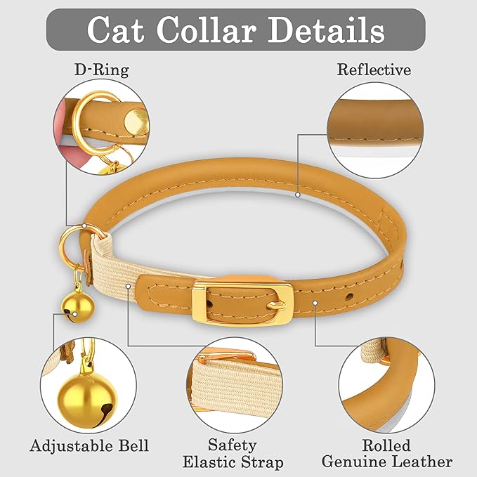 OOPSDOGGY Rolled Leather Cat Collar with Bell - Reflective Kitten Collar with Safety Elastic Strap - Adjustable Small Pet Collars for Boy Girl Cats (Camel)