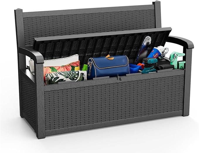 80 Gallon Storage Bench Waterproof and Lockable,Deck Box Outdoor Storage Furniture for Patio,Garden,and Porch – Perfect for Storing Garden Tools and Cushions(Black)