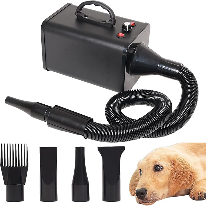 2400w 75m/s Dog Dryer for Pet Grooming, High Velocity Pet Hair Dryer with Heater, Adjustable Speed, 4 Nozzles and a Comb, Black