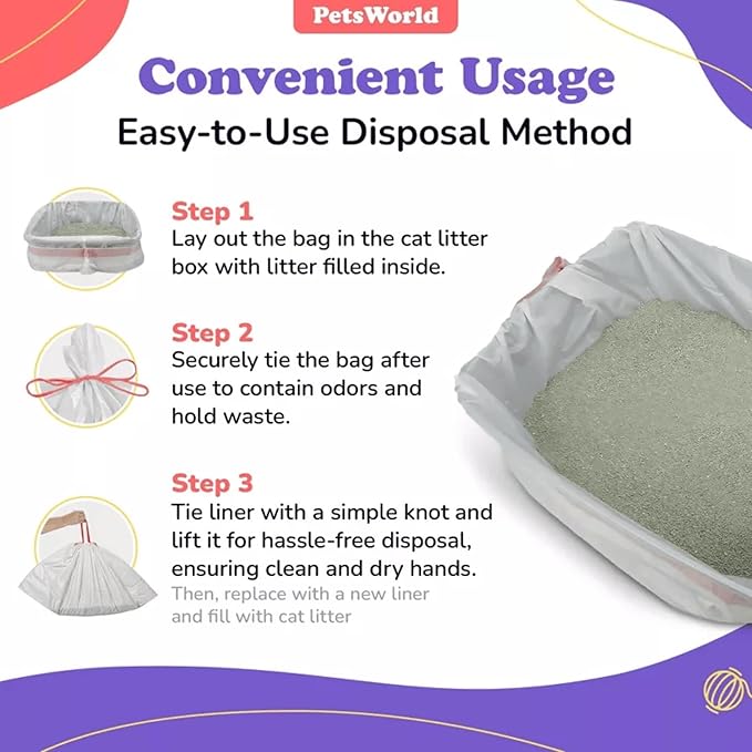 PETSWORLD Cat Litter Box Liners, Heavy Duty Litter Pan Liners Bags with Drawstring for Pet Cat Litter Tray (Unscented) (JUMBO - 45 x 18 Inches, 25 Count)