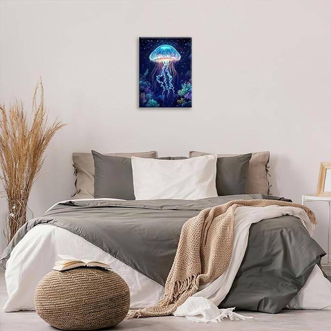 Ocean Jellyfish Wall Art Canvas Coral Fish Wall Decor Prints Framed Painting Underwater Pictures Gifts Artwork for Bathroom Living Dining 12"x16"