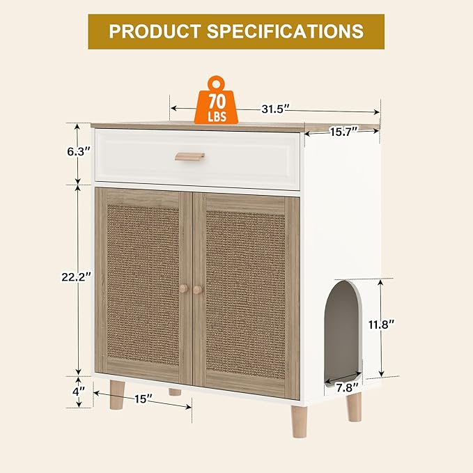 Cat Litter Box Enclosure Furniture Hidden Indoor 2-in-1 Wooden Cat House & Washroom Cabinet with Scratching Board Doors and Drawer, 31.5"x15.7"x34.6"H