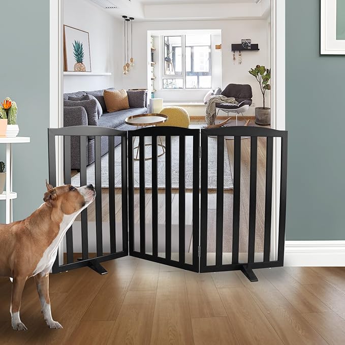 ZJSF Foldable Freestanding Indoor Dog Gate for House Wood Long Pet Gates Dog Fence for Stairs Puppy Gates for Hallways, Puppy Gate,Support Feet Included, Black, 32 "Height-3 Panels