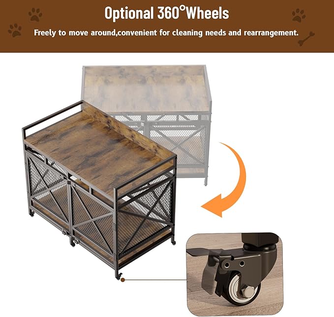 COZPAW Large Dog Crate Furniture, 48 Inch Wooden Dog Kennel for XLarge Dogs, Heavy Duty Dogs Furniture Indoor Wire Dog Cage with Caster Wheels, Decorative Pet House End Table, Brown