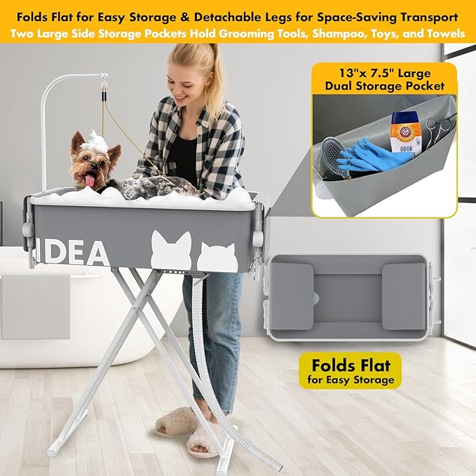 PAWZIDEA 2-in-1 Portable Dog Bathtub & Grooming Table, 33" Foldable Pet Washing Station for Small Medium Dogs Cats, Elevated Tubs for Bathing Shower Indoor Outdoor, 5 Height Adjustable, Storage Pocket