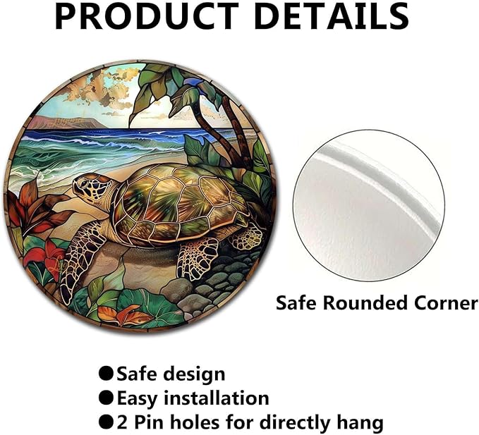Lygond Metal Sign Tin Sign Circular Stained Glass Turtle Decor Outdoor for Yard 8×8 Inches