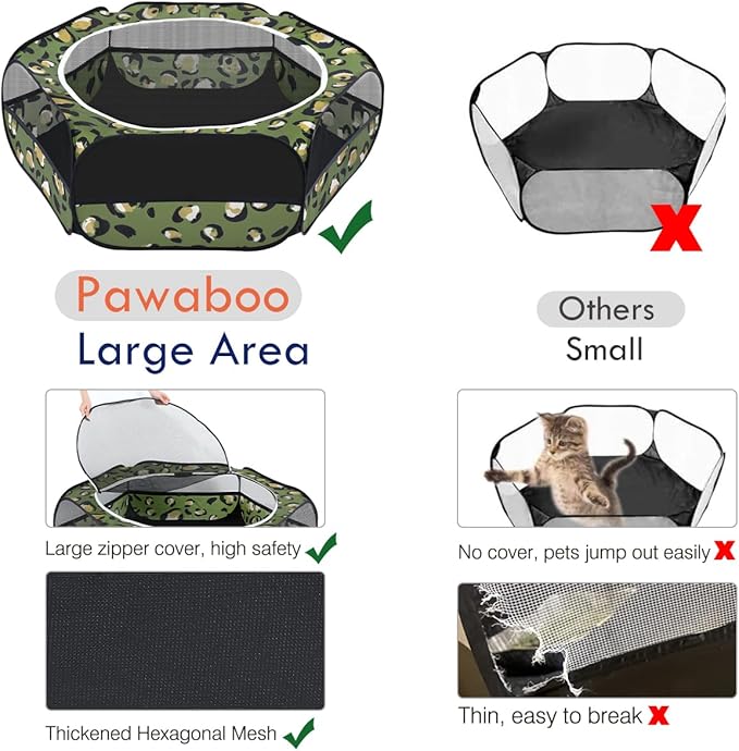 Pawaboo Small Animals Playpen, Waterproof Small Pet Cage Tent with Zippered Cover, Portable Outdoor Yard Fence with 3 Metal Rod for Chick/Kitten/Puppy/Guinea Pig/Rabbits/Hamster, Leopard Print