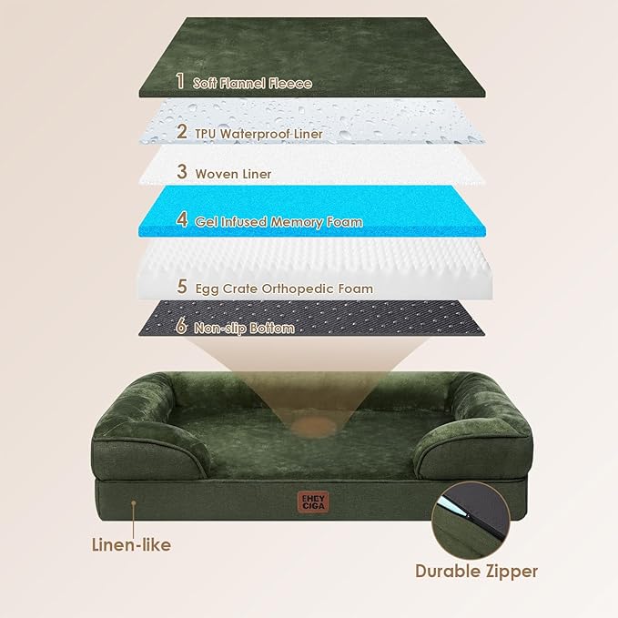 EHEYCIGA Orthopedic Dog Bed for Small Dogs, Waterproof Memory Foam Small Dog Beds with Sides, Non-Slip Bottom and Egg-Crate Foam Medium Pet Couch Bed with Washable Removable Cover, Dark Green