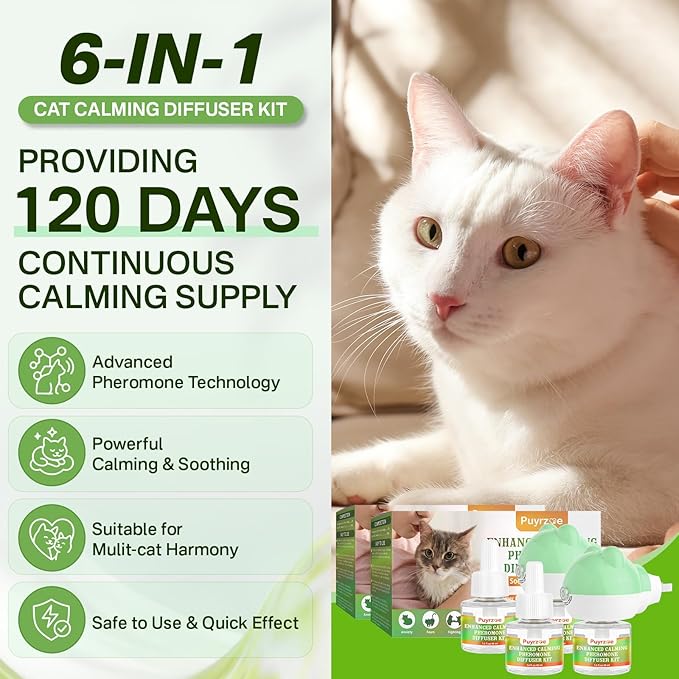 Cat Calming Diffuser with Three Timing Functions, 6-in-1 Cat Pheromones Calming Diffuser Kit, 120-Day Anxiety Relief, Stress Reduction & Relaxation for All Cats (2 Diffusers + 4 Refills)