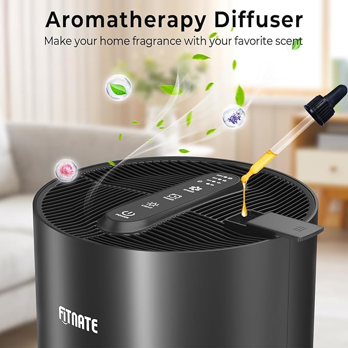 FITNATE Air Purifiers for Home Large Room Up to 1076 Ft² with Aromatherapy, H13 True HEPA Air Purifier for Pets, Quiet Air Cleaner for Smoke Dust Pollen Pet Dander Odor, with Night Light,Timer, Black