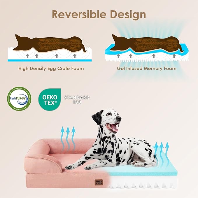 EHEYCIGA Orthopedic Dog Beds for Large Dogs, Waterproof Memory Foam Large Dog Bed with Sides, Non-Slip Bottom and Egg-Crate Foam Pet Couch Bed with Washable Removable Cover, Dusty Pink