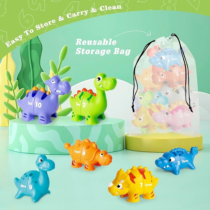 20 PCS Dinosaur Number Learning Toys for Toddlers Kids 3-5, 10 Different Dinosaur Figures, Double Sided Number Matching Game, Preschool Activities Montessori Fine Motor Toys for Toddlers Kids