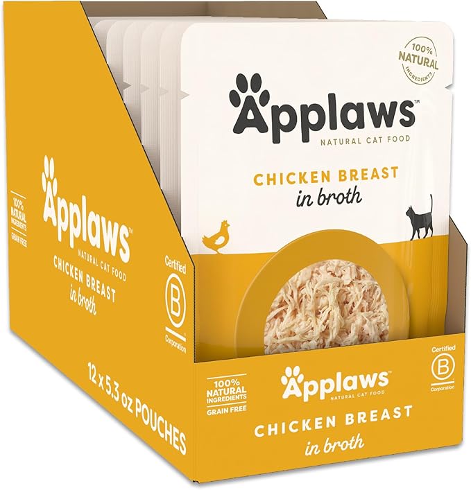 Applaws Natural Wet Cat Food in Broth, Limited Ingredient Wet Cat Food Pouches, No Additives, Made with Natural Ingredients, Chicken Breast in Broth (12 x 5.3oz Pouches)