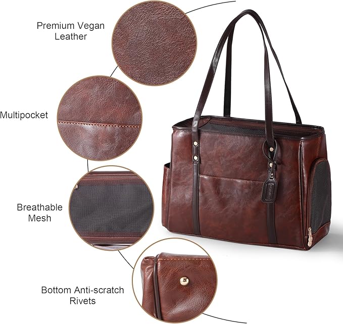 Fashion Dog Carrier Purse, Premium Leather Cat Carrier Bag, Airline Approved Soft Sided Pet Travel Tote Bag with Pockets Coffee
