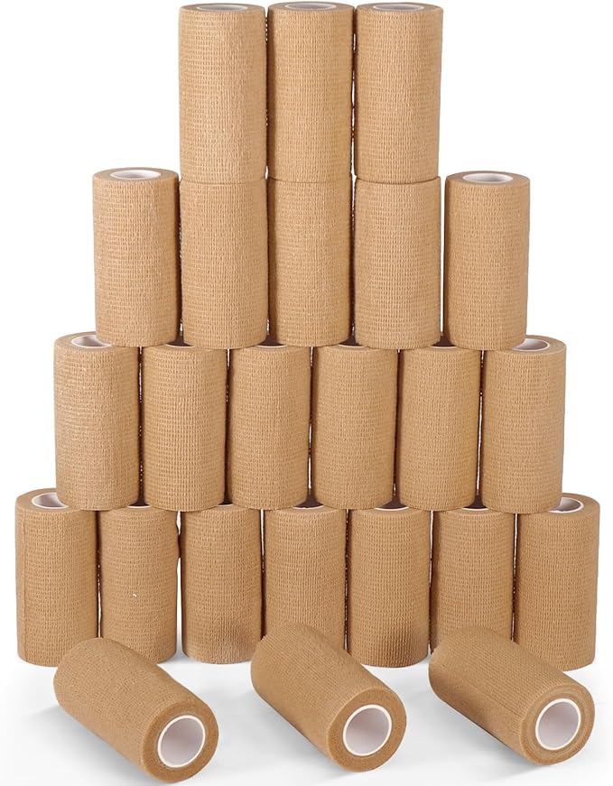 LDIWEE 24 Pack 4 Inch Self Adhesive Bandage Wrap - 5 Yard Cohesive Athletic Tape for First Aid, Medical, Sports, Ankle Wrist Sprains, Vet Wrap (Brown)