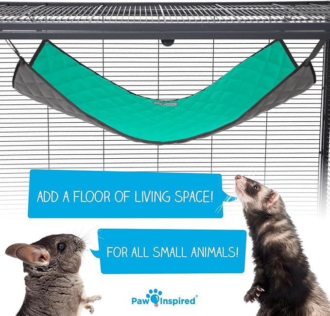Paw Inspired Hanging Fleece Hammock for Ferrets, Rats, Chinchillas, Sugar Gliders, Cats, Small Pets | Hideout Toy for Guinea Pigs, Hamsters | Swivel Clips for Small Animal Cages (Gray/Green)
