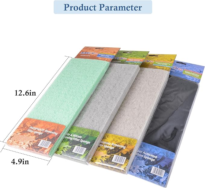 4 Pack Mixed Filter Pads 12.6" x 5" for Aquarium, Cut-to-Fit Fish Tank Filter Media with Ammonia&Carbon&Phosphate Reducer, Aquarium Filter Sponge, Compatible with Most Filters