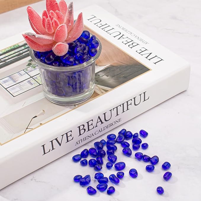 Keedolla 15 Oz Aquarium Glass Marbles Fish Tank Rocks, Decorative Glass Pebbles Gemstones for Aquarium Gravel Fish Tank Stones Vase Fillers DIY Crafts - Cobalt Blue