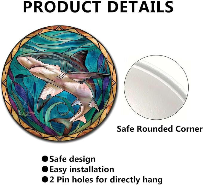 Lygond Metal Sign Tin Sign Circular Stained Glass Shark Decor Outdoor for Patio 12×12 Inches