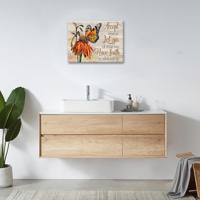 Farmhouse Butterfly Bathroom Pictures Wall Art, Rustic Floral Country Bathroom Wall Decor, Daisy Inspirational Framed Painting Canvas Artwork for Bedroom Living Room Decorations 20"L x 16"W