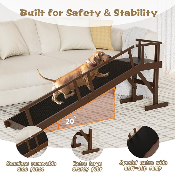 61" Dog Ramp for Bed, Pet Ramp with Removable Side Rail and Non-Slip Surface, Pet Ramp for Small & Large & Senior Dogs with Rest Platform and DIY Glow Strips,Dog Stairs for Couch, Brown