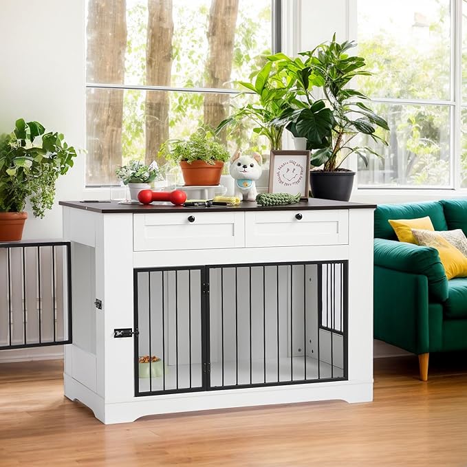 Large Dog Crate Furniture-Decorative Heavy Duty Dog Cage Indoor, Wooden Dog Cage End Table with Charging Station, Dog House with 2 Drawers (White, 47.2''L)