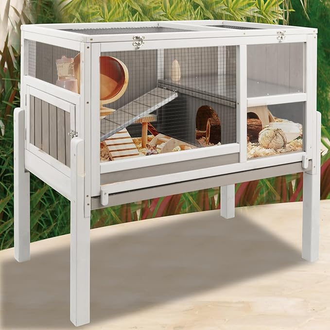 Guinea Pig Cages Indoor, Wooden Guinea Pig Cages with Stand, Rabbit Cage Hutch with Ramp and Hideout, Small Animals Cage Habitat with Not Leakage Pull Out Tray