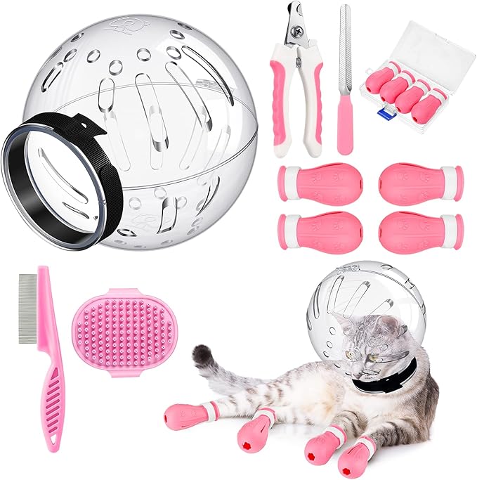 Cat Muzzle for Grooming Cat Adjustable Hood with Paw Covers Nail Clipper Trimmer Brush Tick Remover Tool Kitten Breathable Anti Bite Muzzles Silicone Anti Scratch Boots for Cats Bathing Shaving