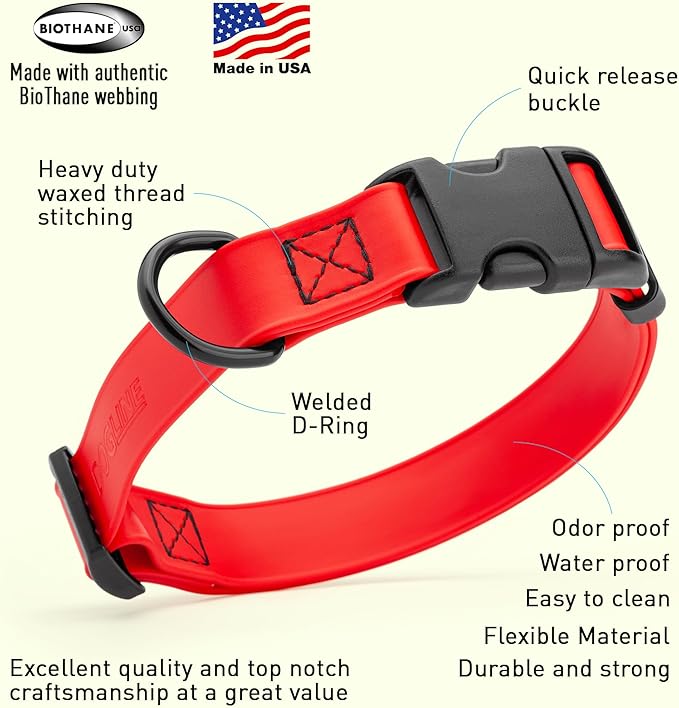 Dogline Biothane Waterproof Dog Collar with Quick Release Buckle Strong Coated Nylon Webbing with Odor- Proof for Easy Care Easy to Clean Fits Small Medium or Large Dogs, Red 1" W 15-23" L