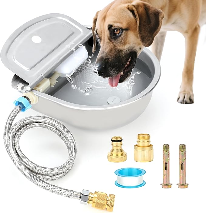 FHTONGE 304 Stainless Steel Automatic Water Dispenser with Drainage for Outdoor Big Dog, Large Auto Fill Dog Waterer Float Valves for Livestock Poultry Horse Cow Goat Pig Chicken Duck Rabbit Drinking