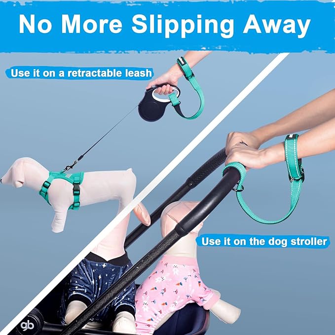 PetBonus Short Dog Leash, Safety Wrist Strap for Retractable Dog Leash, Reflective Design and Adjustable Soft Padded Handle, Extra Layer Security for Pet Stroller (Turquoise)