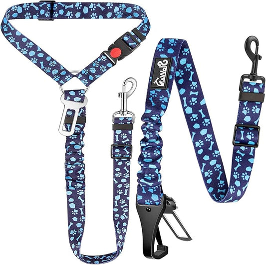 Lukovee Dog Seatbelt Leash for Cars, 2 Pack Pet Safety Car Seat Belt with Adjustable Buckle & Reflective Bungee, Connect Dog Harness in Vehicle Car Dogs Restraint Travel Daily Use (Blue Paw)