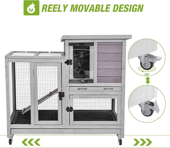 GUTINNEEN Indoor Rabbit Hutch Guinea Pig Cages with Chew-Proof Ramp, 2-Story Wooden Bunny House with Pull-Out Tray & Lockable Caster Wheels, Small Animal Cage for 2-4 Rabbits & Guinea Pigs (Grey)