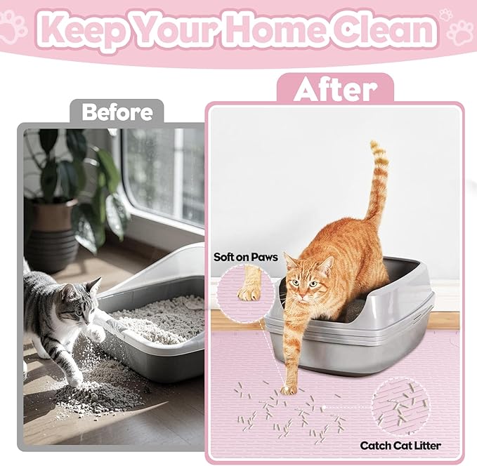 Cat Litter Mat, Extra Large 40" x 28" Silicone Mat Litter Trapping Mat for Scatter Control, Soft on Kitty Paws, Easy to Clean (Pink)