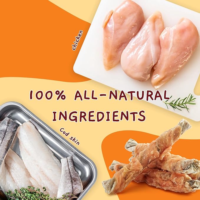 Jungle Calling Dog Treats, High Protein Dog Chewy Treats Health Teeth and Coat, Chicken Wrapped Cod Skin Sticks, Rawhide-Free Cod Fish Skin Treats for Dogs, 10.6 oz