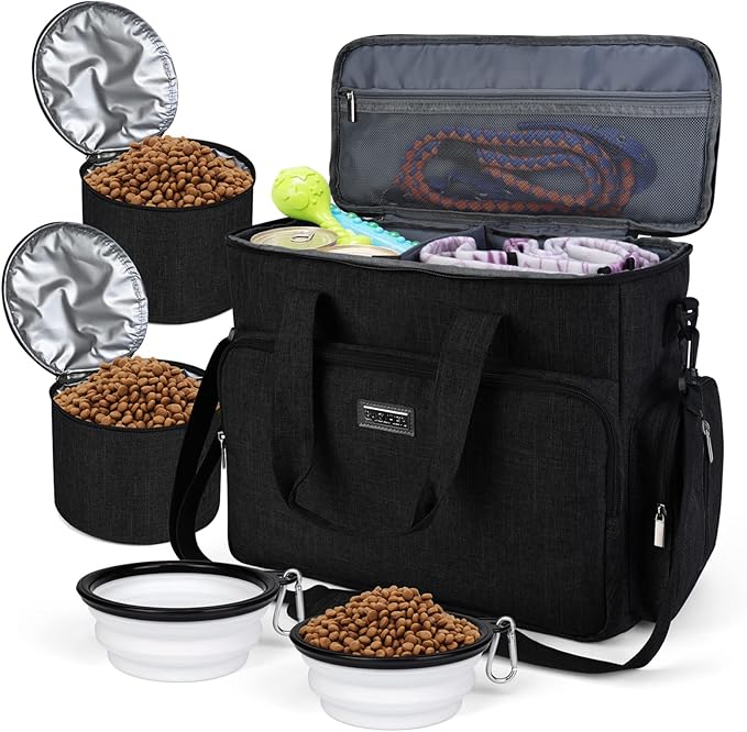 BAGLHER Dog Travel Bag, Airline Approved Pet Tote Organizer with Multi-Function Pockets, 2 X Food Storage Containers and 2 X Collapsible Dog Bowls, Perfect Weekend Pet Travel Set for Dog, Cat Black
