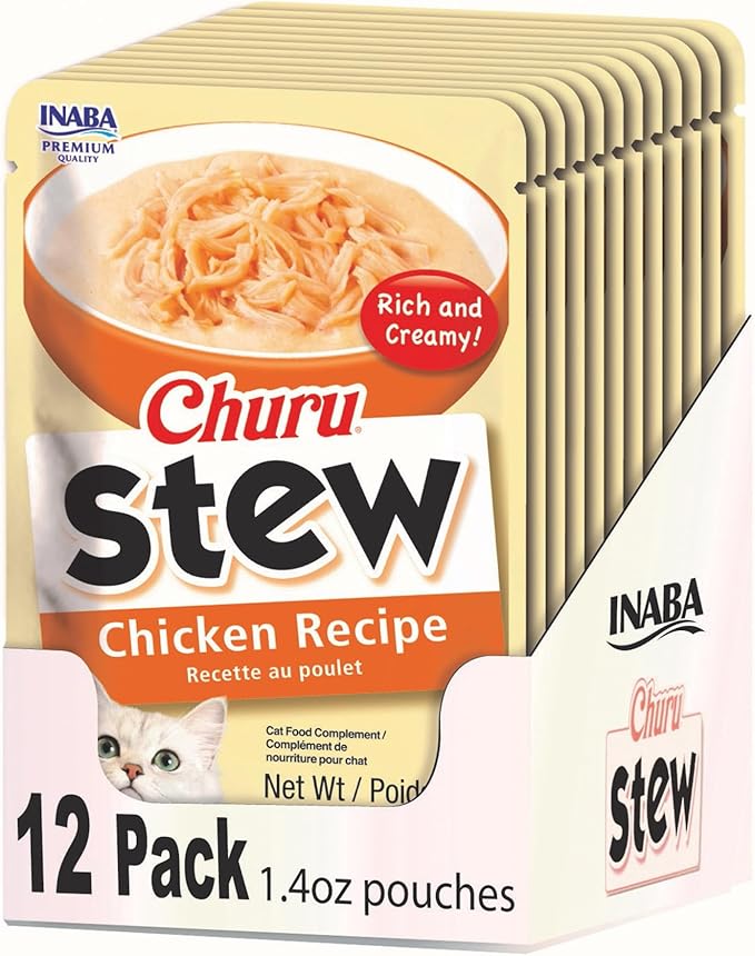 INABA Churu Stew for Cats, Creamy Broth Gelée with Shredded Chicken Topper/Treat Pouch with Vitamin E, 1.4 Ounces per Pouch, 12 Pouches, Chicken Recipe