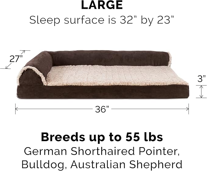 Furhaven Cooling Gel Dog Bed for Large/Medium Dogs w/ Removable Bolsters & Washable Cover, For Dogs Up to 55 lbs - Two-Tone Plush Faux Fur & Suede L Shaped Chaise - Espresso, Large